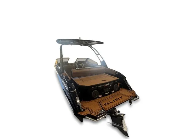 Slide: The Image of The image shows a 2027 Cobalt R4 Surf boat with sleek design and spacious deck. - 5