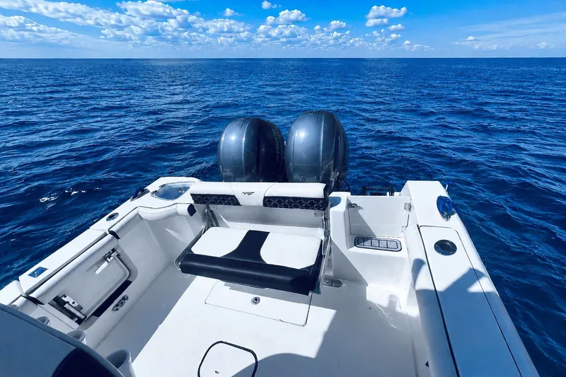 Slide: The Image of 2021 Tidewater 256 CC Adventure boat on open ocean under blue sky. - 6