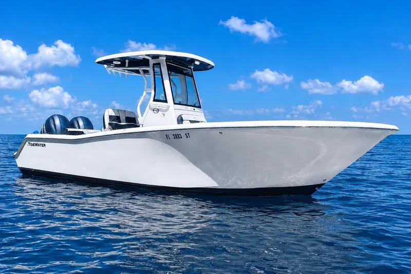 The Image of 2021 Tidewater 256 CC Adventure boat on calm ocean under blue sky. - 1