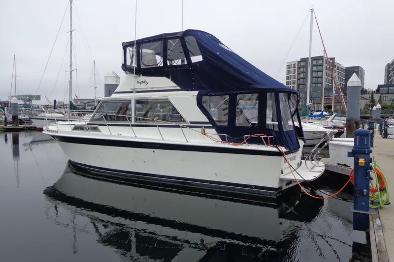 Slide: The Image of 1975 Uniflite Flybridge Sport Sedan docked at marina, featuring blue canopy and sleek design. - 2