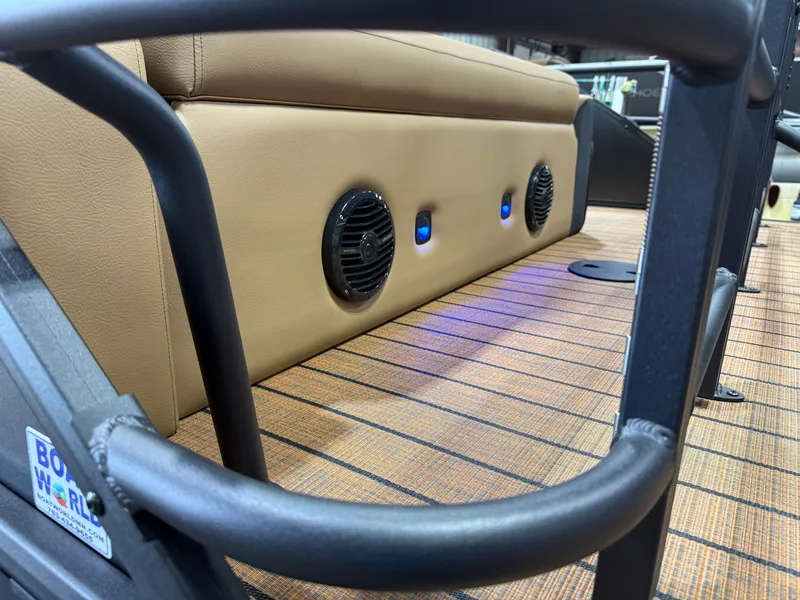 Slide: The Image of Close-up of a boat deck with cushioned seating and built-in speakers. - 46
