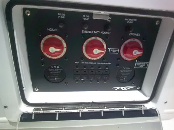 Slide: The Image of Control panel with switches for bilge pumps and engines on the boat. - 14