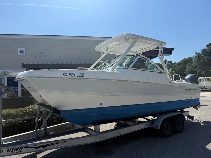 The Image of A white boat on a trailer with a blue hull and a covered helm station. - 1