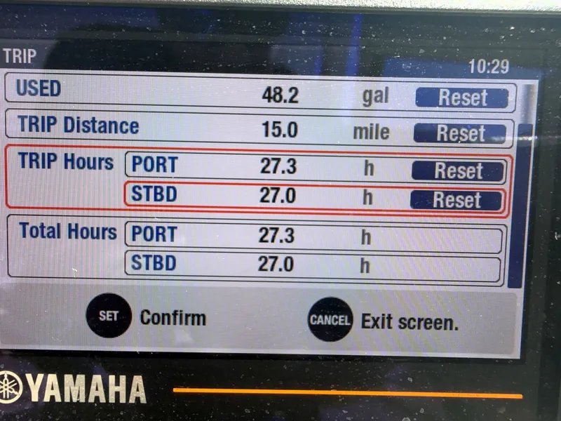 Slide: The Image of A Yamaha display shows fuel usage and engine hours for a World Cat 230 DC. - 9