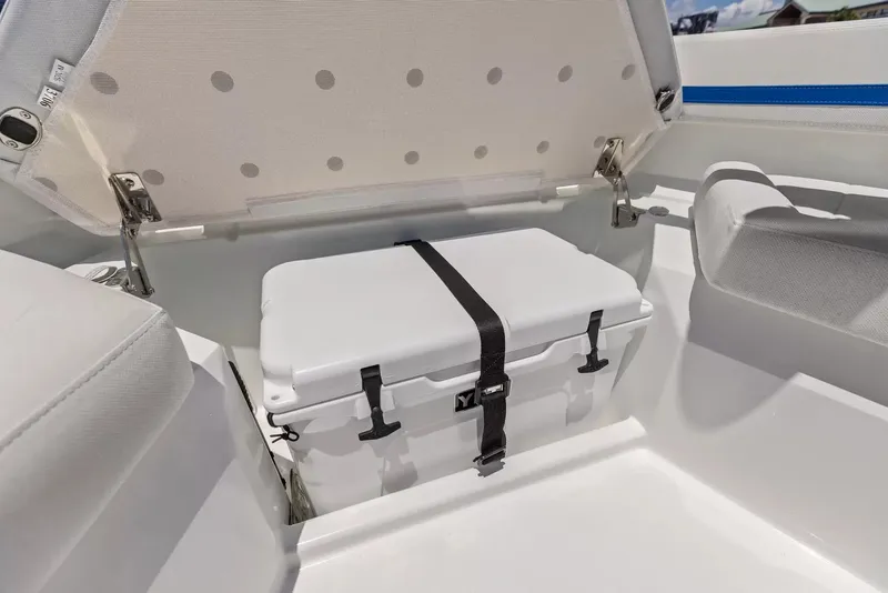 Slide: The Image of An open storage compartment in the boat with a secured cooler underneath. - 31