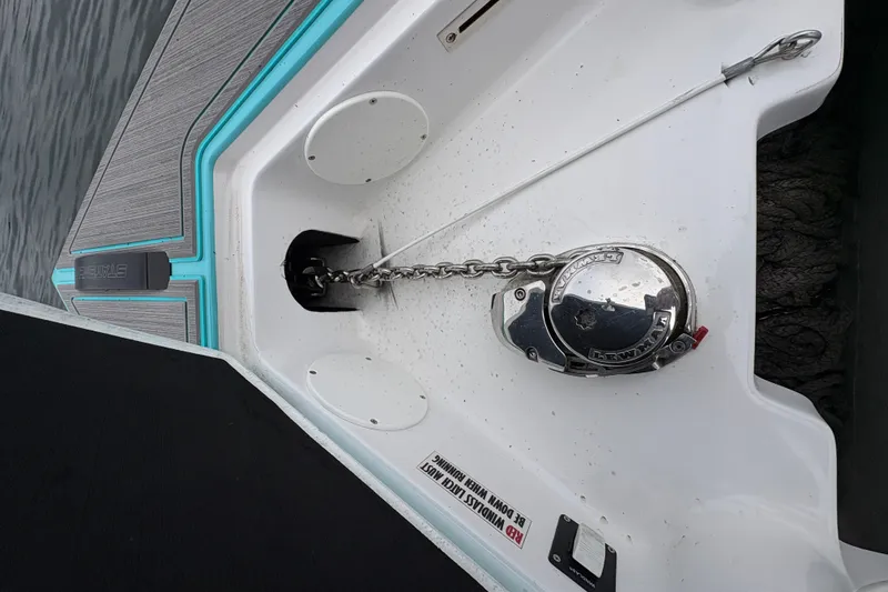 Slide: The Image of Anchor chain and winch on 2017 Statement 380 Open boat deck. - 35