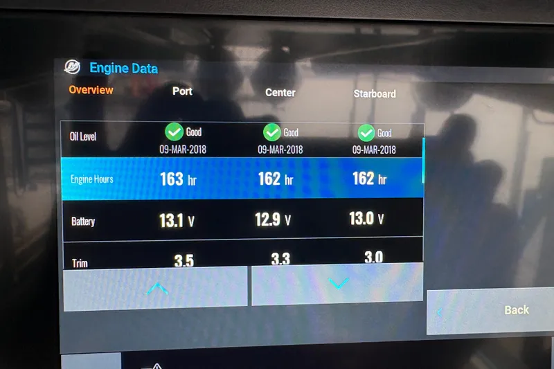 Slide: The Image of Engine data display for Statement 380 Open, showing oil level, engine hours, and battery voltage. - 29