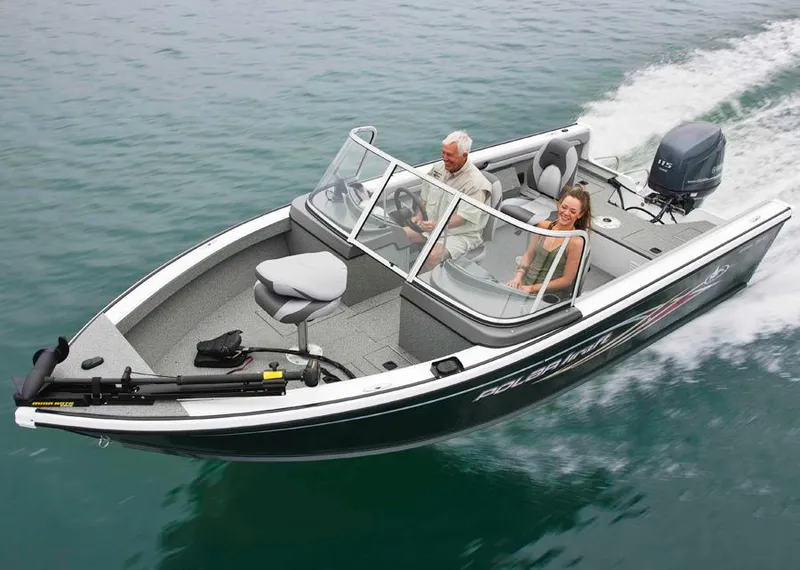 Slide: The Image of Manufacturer Provided Image: 2012 Polar Kraft Kodiak 180 WT boat cruising on water with two passengers. - 14
