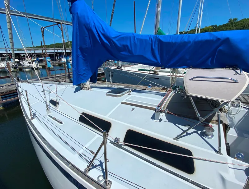 Slide: The Image of 1978 Sailboat MSY 38 docked, blue sail cover, sunny day. - 5