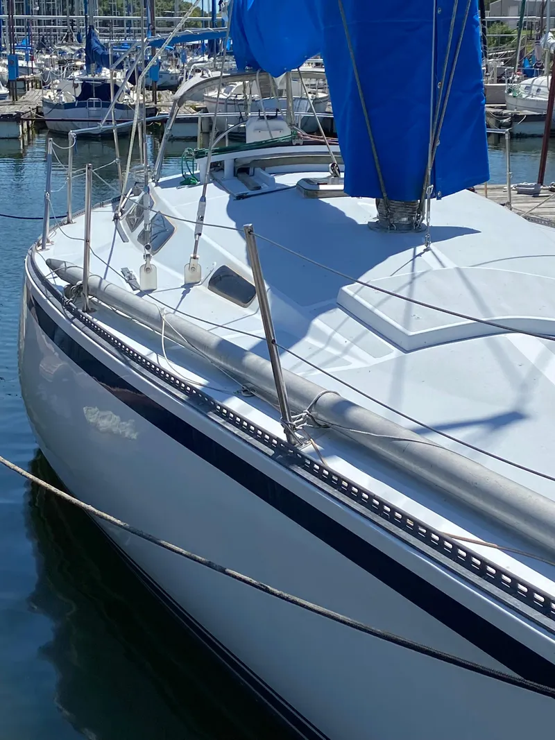 Slide: The Image of 1978 Sailboat MSY 38 docked at marina with blue sail cover. - 10