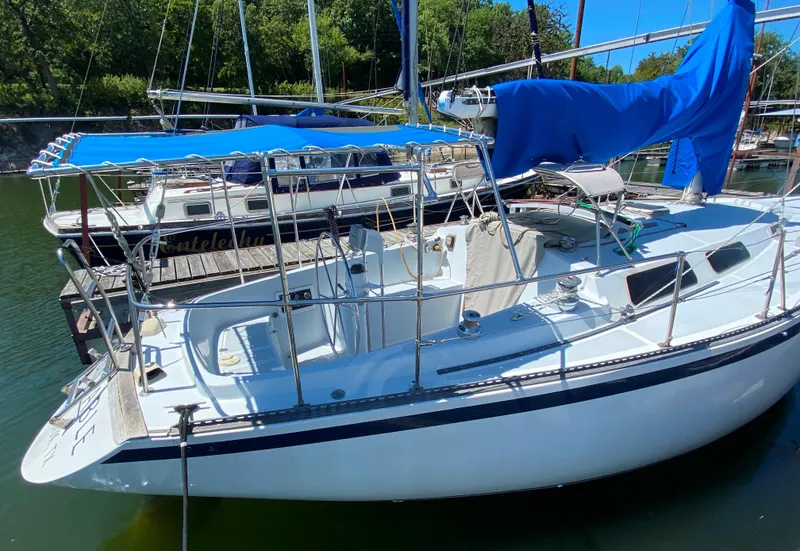Slide: The Image of 1978 MSY 38 sailboat docked, featuring blue canopy and sail, with lush greenery in the background. - 8