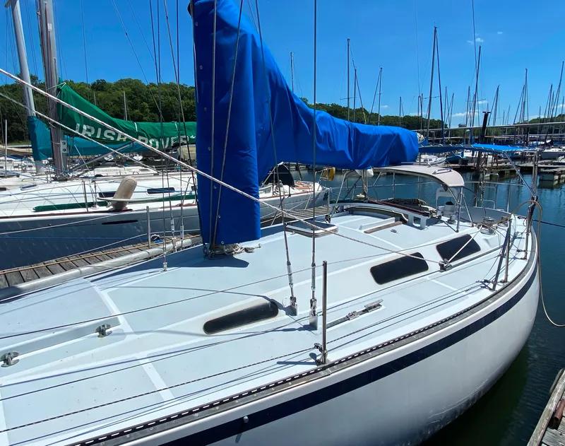 Slide: The Image of 1978 MSY 38 sailboat docked at marina, blue sail cover, sunny day. - 2