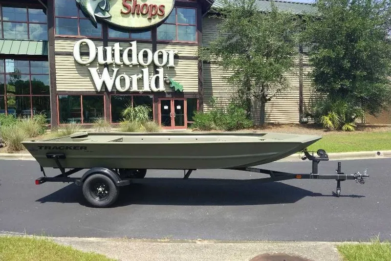 The Image of 2027 Tracker Grizzly 1754 Utility boat on trailer outside Outdoor World store. - 0