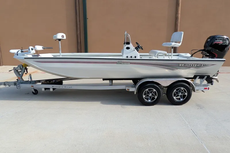 The Image of 2026 Ranger RB200 boat on trailer, side view, featuring sleek design and modern equipment. - 0