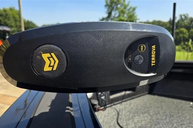Slide: The Image of Close-up of a Terrova trolling motor on a 2027 Tracker Targa V-19 Combo boat. - 15