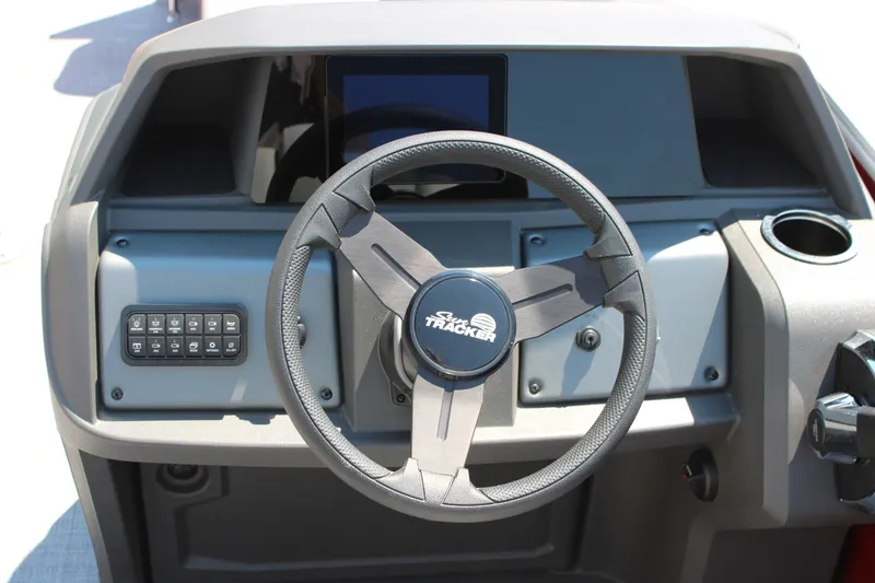 Slide: The Image of Steering console of 2027 Sun Tracker Party Barge 22 RF DLX pontoon boat. - 17