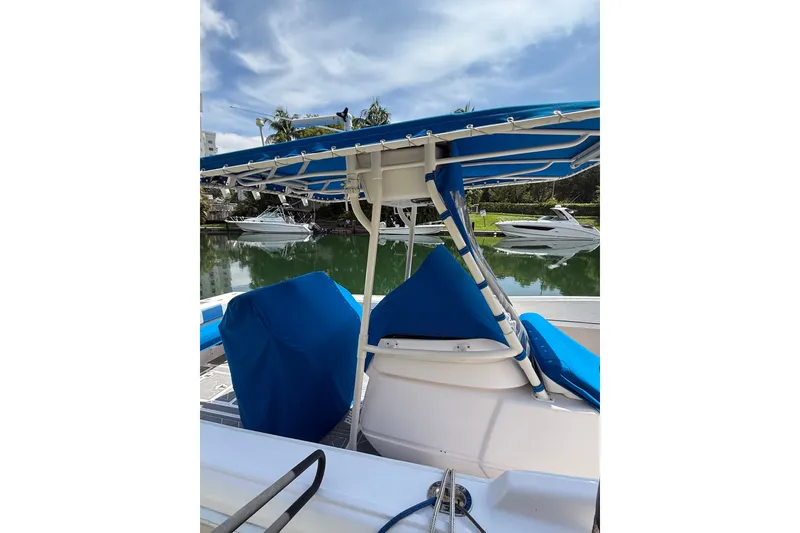 The Image of 2001 Intrepid 322 Cuddy boat with blue canopy docked by the water. - 0