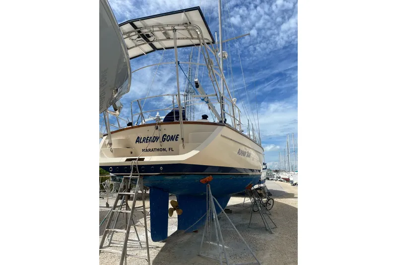 Slide: The Image of 2006 Island Packet 440 sailboat named "Already Gone" in dry dock, Marathon, FL. - 37