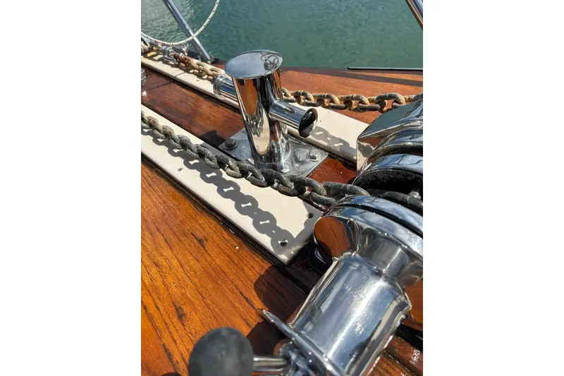 Slide: The Image of Close-up of 2006 Island Packet 440 yacht's anchor chain and deck fittings. - 14