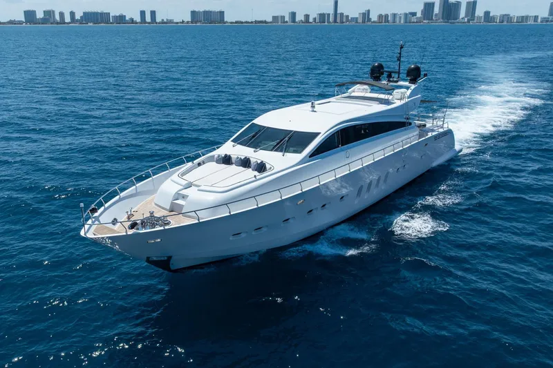 Slide: The Image of Luxurious 2008 Arno Leopard 31 yacht cruising on open sea near city skyline. - 4