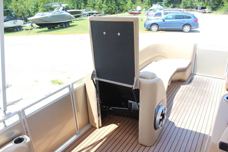 Slide: The Image of 2018 Harris Solstice 240 pontoon boat interior with seating and deck view. - 13