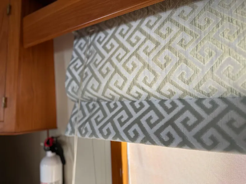 Slide: The Image of Curtains with geometric pattern inside 1997 Kadey-Krogen 48 Whaleback boat interior. - 34