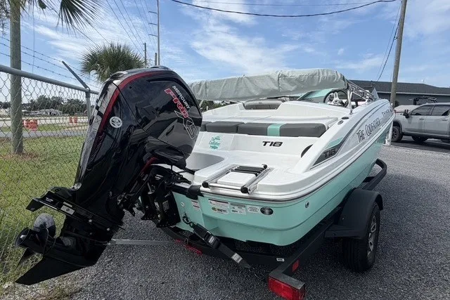 Slide: The Image of 2025 Tahoe T18 boat with outboard motor on trailer, parked outdoors. - 3