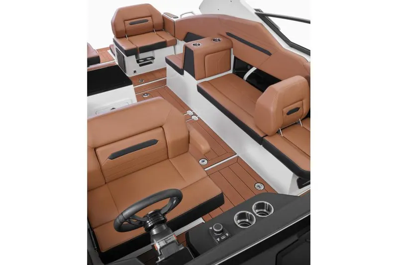 Slide: The Image of Manufacturer Provided Image: 2026 Yamaha Boats 295XD interior with luxurious brown seating and modern design. - 24