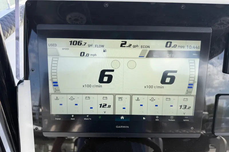 Slide: The Image of Garmin display on 2009 Century 3200 Center Console showing fuel and engine data. - 38