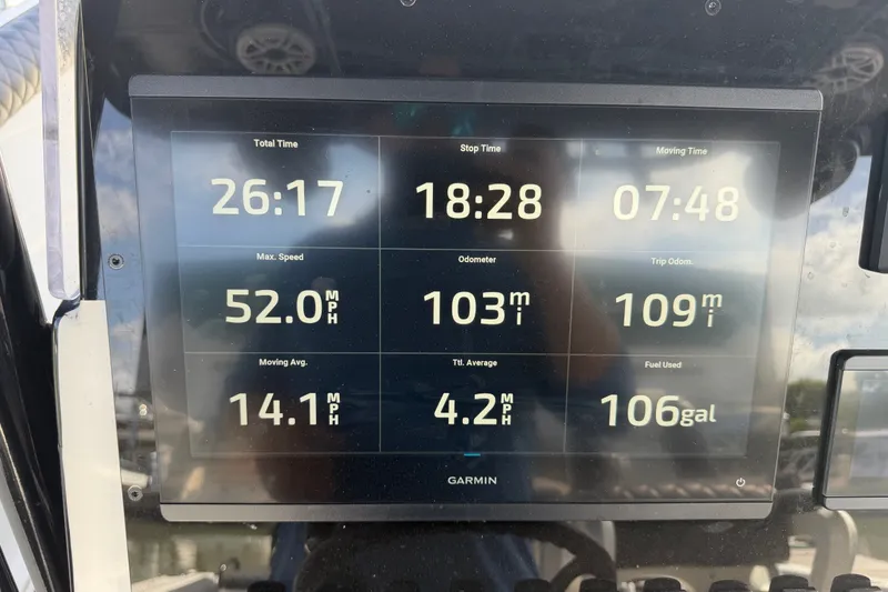 Slide: The Image of Display screen on a 2009 Century 3200 Center Console showing trip statistics and fuel usage. - 37