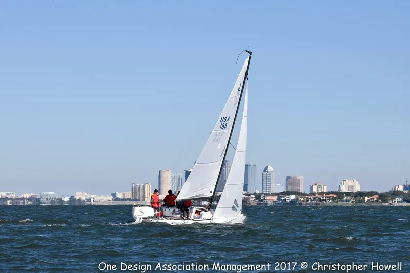 Slide: The Image of Sailboat J/70 from 2013 on water with city skyline in background. - 12