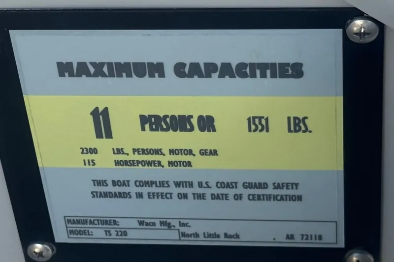 Slide: The Image of Capacity label for 2020 Aloha Pontoon Tropical TS 220, max 11 persons or 1551 lbs. - 24