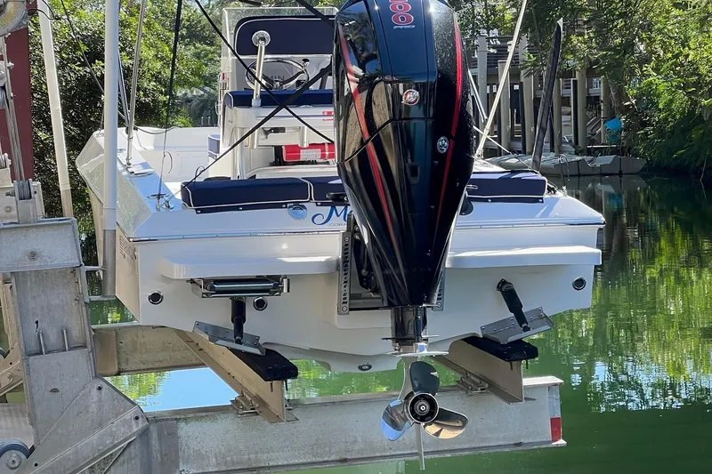 Slide: The Image of 2022 Paramount 21 boat with powerful outboard motor on a lift by the water. - 7