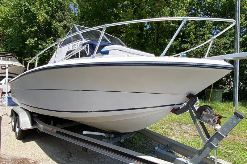 Slide: The Image of 1991 Horizon 204 boat on trailer, surrounded by greenery. - 3