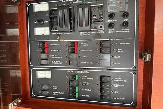 Slide: The Image of 2006 Chris Craft Corsair Heritage electrical panel with switches and controls. - 24