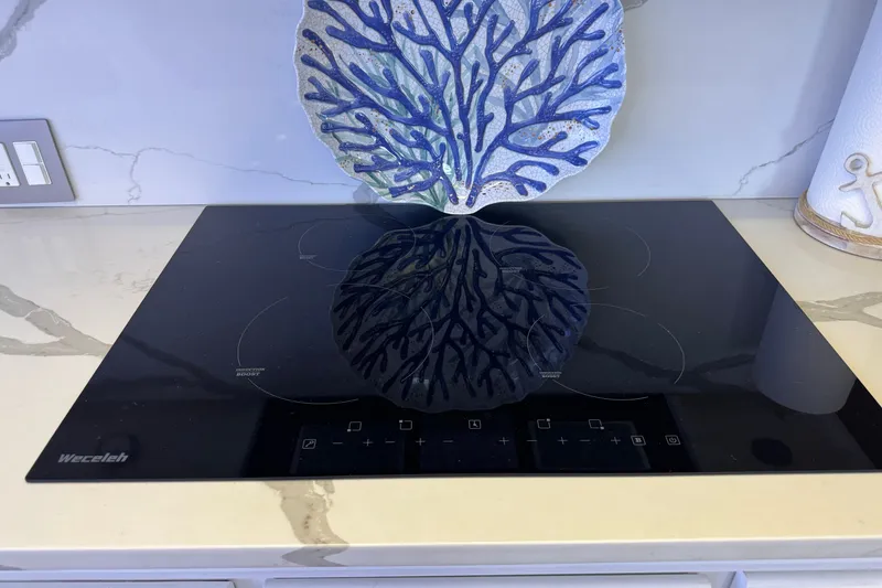 Slide: The Image of Modern kitchen with ceramic cooktop and decorative blue coral plate. - 31