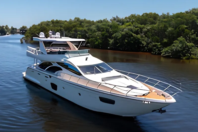 Slide: The Image of Luxurious 2010 Azimut 75 yacht cruising on a serene river, surrounded by lush greenery. - 1