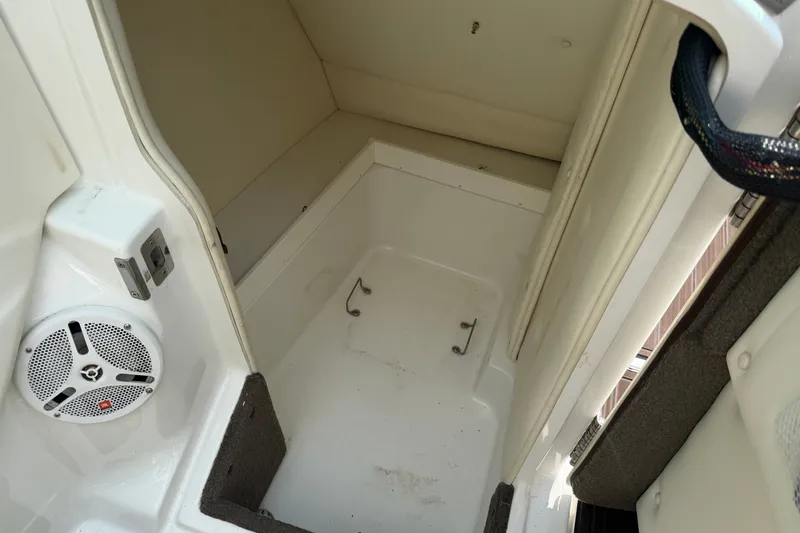 Slide: The Image of Interior cabin of a 2007 Cobalt 250 boat, featuring a speaker and storage area. - 18