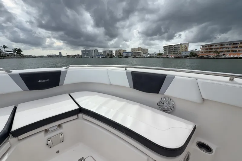 Slide: The Image of 2019 Robalo R272 Center Console boat interior with cityscape and cloudy sky. - 17