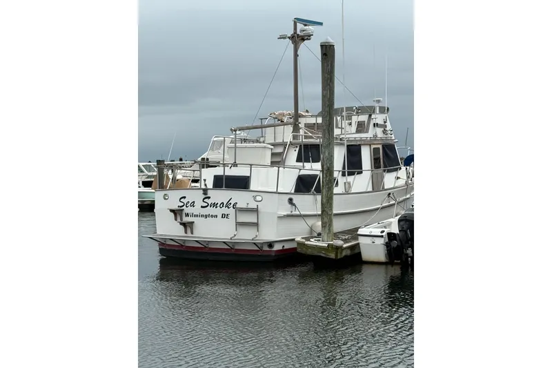 Slide: The Image of 1987 Monk 36 Trawler "Sea Smoke" docked in Wilmington, DE marina. - 1