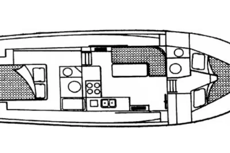 Slide: The Image of Floor plan of a 1987 Monk 36 Trawler, featuring cabins and galley layout. - 34