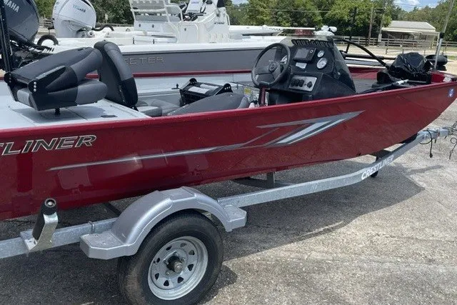 The Image of 2020 Crestliner 1700 Storm boat on trailer, red exterior, parked outdoors. - 1