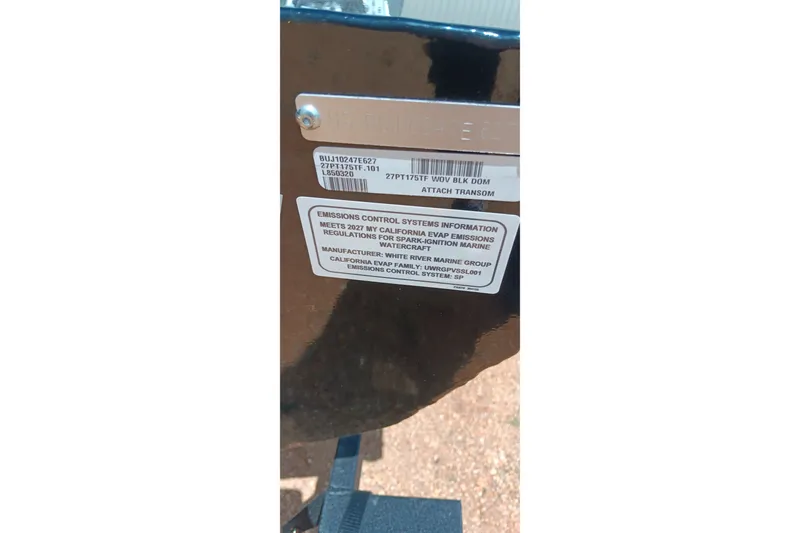Slide: The Image of 2027 Tracker Pro Team 175 emissions control label on boat transom. - 19