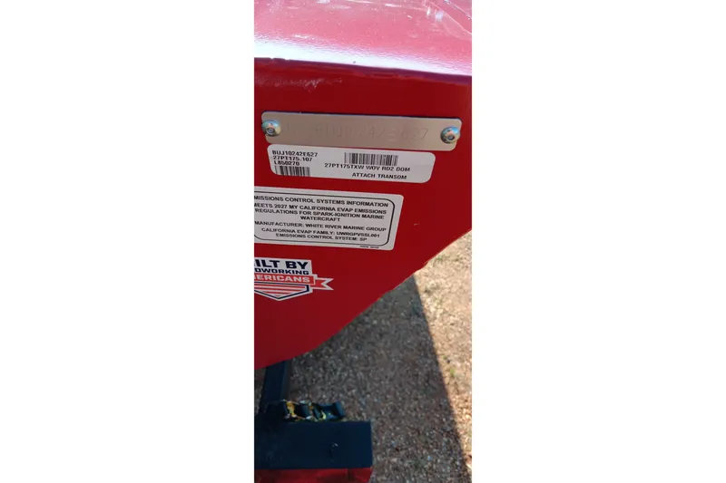 Slide: The Image of 2027 Tracker Pro Team 175 boat identification plate with emissions information and manufacturing details. - 16