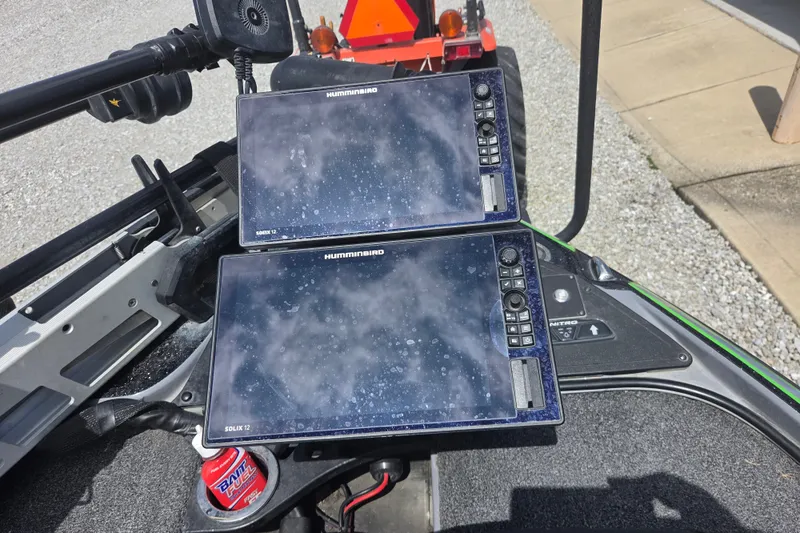 Slide: The Image of 2023 Nitro Z21 XL boat dashboard with dual Humminbird Solix 12 fish finders. - 5