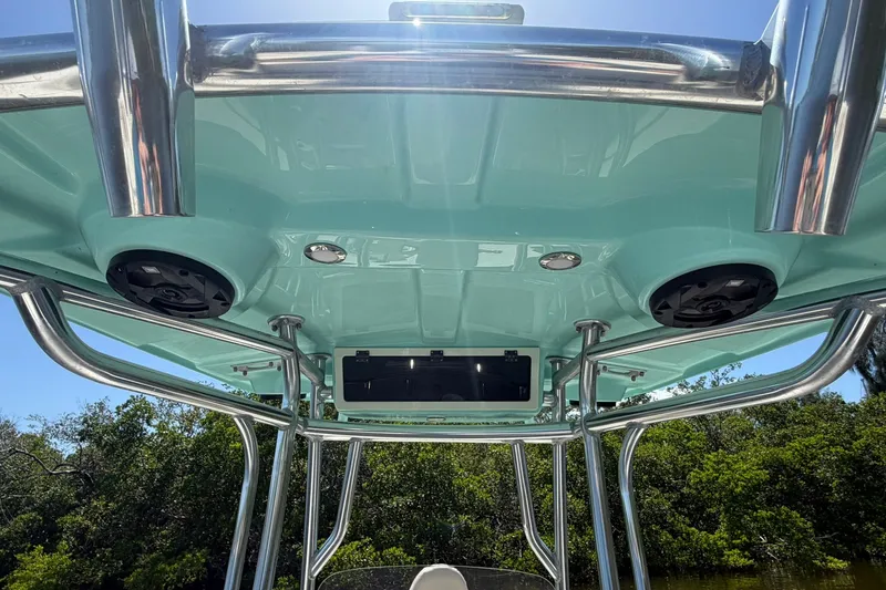 Slide: The Image of 2022 Carolina Skiff 26 Ultra Elite boat canopy with speakers and stainless steel frame. - 21