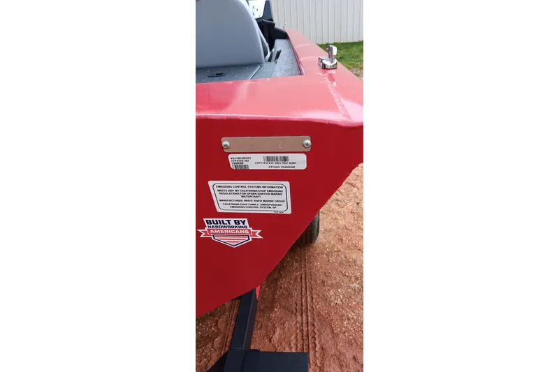 Slide: The Image of Red Tracker Pro Team 175 boat, 2027 model, with labels and "Built by Hardworking Americans" sticker. - 18