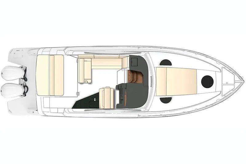 Slide: The Image of Manufacturer Provided Image: Top view layout of 2026 Regal 33 XO boat, featuring seating and dual outboard engines. - 19