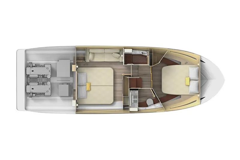 Slide: The Image of Manufacturer Provided Image: 2026 Regal 38 Grande Coupe yacht interior layout with two bedrooms and engine room. - 26