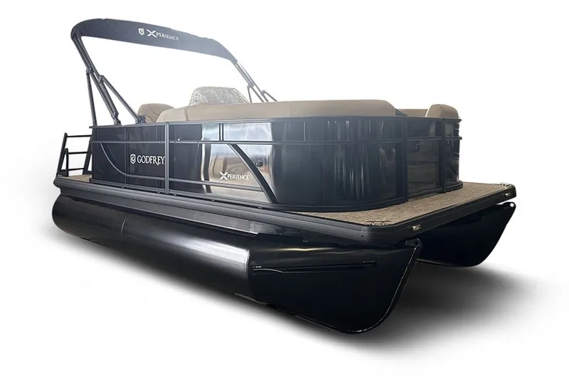 The Image of 2027 Godfrey EX 1680 CX pontoon boat with sleek black design and canopy. - 2